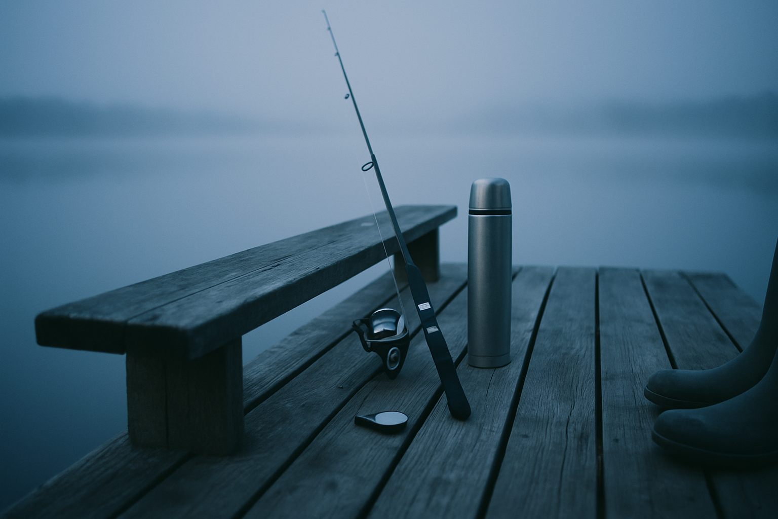 A weathered wooden pier at pre-dawn with a fishing rod propped against a bench, a closed thermos, a wristwatch placed face-down and the toes of rubber boots visible at the edge.