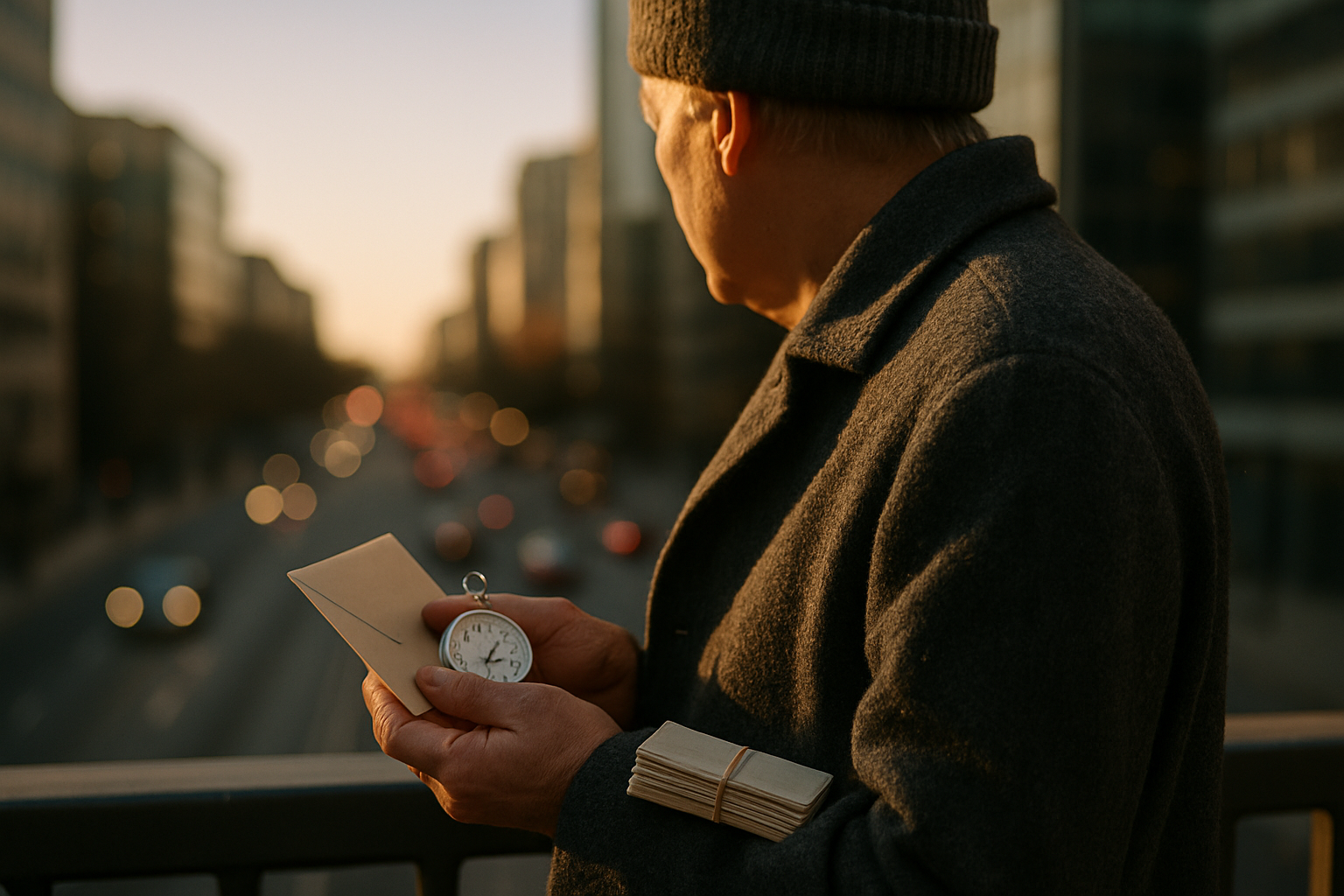 A late‑fifties person on a pedestrian overpass at golden hour, hands holding a folded plain envelope and a mechanical stopwatch with a small bundle of blank index cards under their wrist, city traffic blurred below.