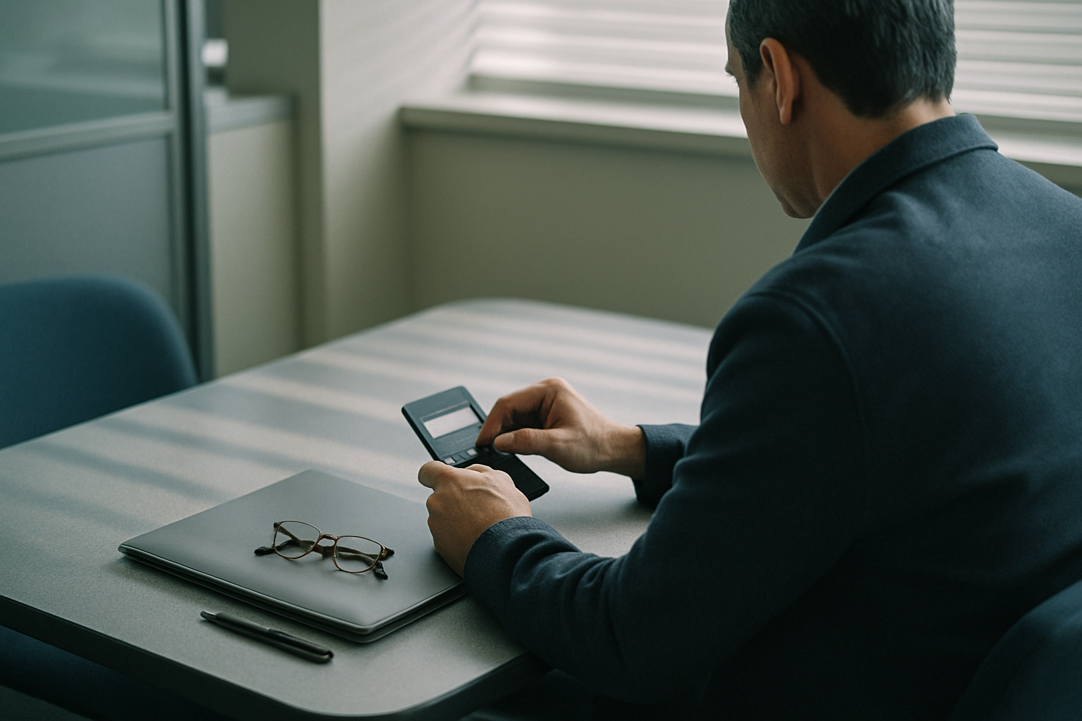 Hands of a late-40s investor using a small pocket calculator on a table beside a closed plain portfolio folder and folded reading glasses in a small booth with soft midday light through blinds.