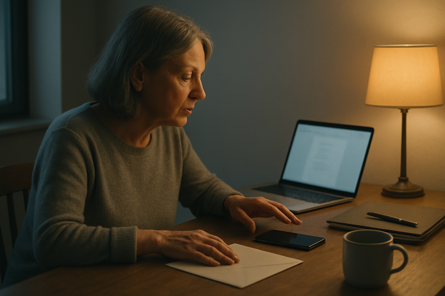 A woman in her early sixties sits at a kitchen table in late afternoon with her hand paused above a face-down smartphone beside an out-of-focus laptop, reading glasses and a closed notebook nearby.