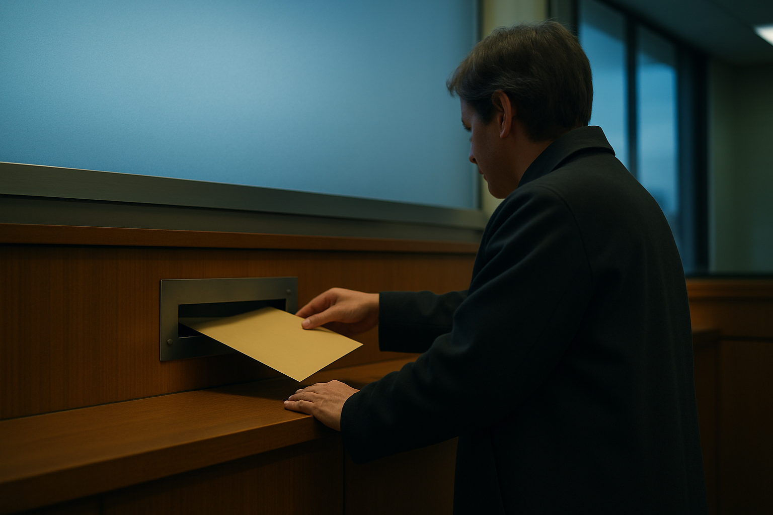A person in a dark coat slides a plain manila envelope into a metal drop slot in a quiet brokerage lobby at dusk, the upper part of the frame showing frosted glass and evening sky.