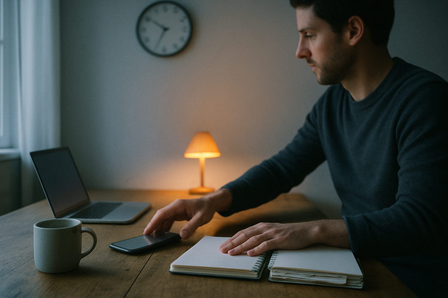 A person at a kitchen table reaches for a smartphone while their other hand rests on two blank notebooks, lit by grey window light and a warm desk lamp.
