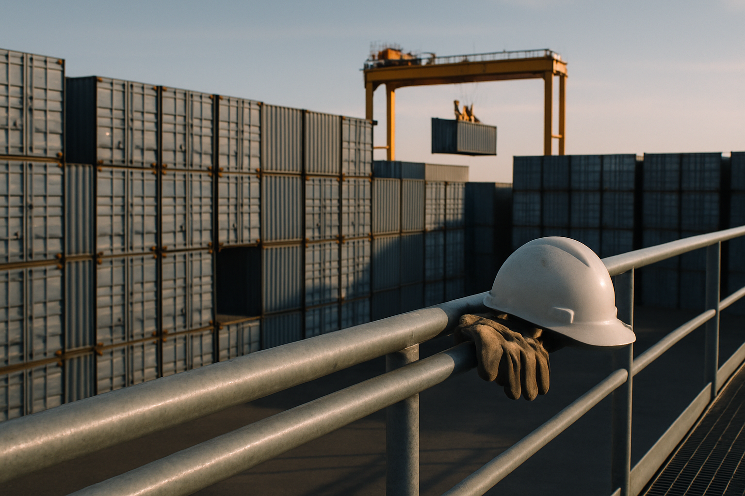An empty metal catwalk overlooks tightly stacked unmarked shipping containers in a port yard while a crane lifts a single container in late afternoon light.