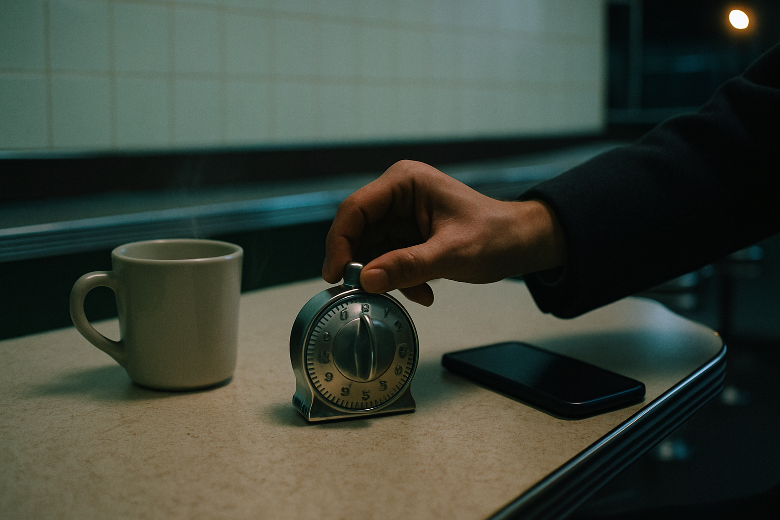 A hand reaches to wind a small chrome kitchen timer set near zero on a worn diner counter, with a face-down smartphone and a steaming white mug beside it and an empty tile wall above.
