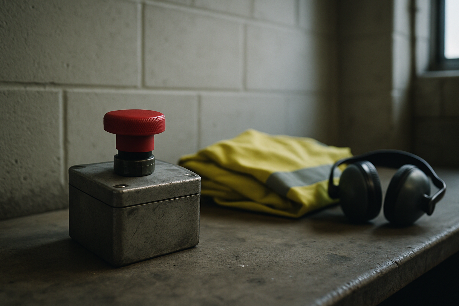 A red industrial emergency stop button on a scuffed metal box sits on a workshop bench beside a folded high-visibility vest and ear defenders under mixed late-afternoon and fluorescent light.