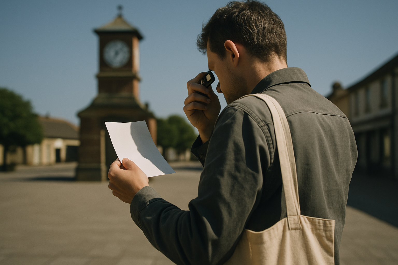 A person stands beneath a town clock tower at midday, seen from behind, holding a folded blank paper order slip in one hand and a small jeweller's loupe in the other.