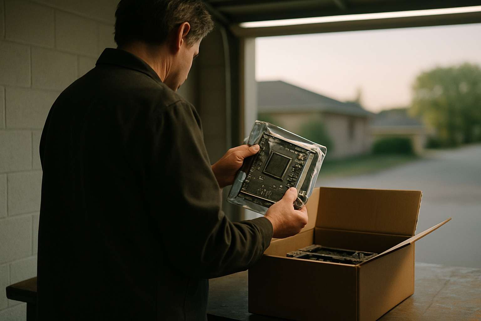 A person seen from behind places an unbranded electronic board in an anti‑static bag into a half-filled plain cardboard box on a garage workbench at late afternoon.