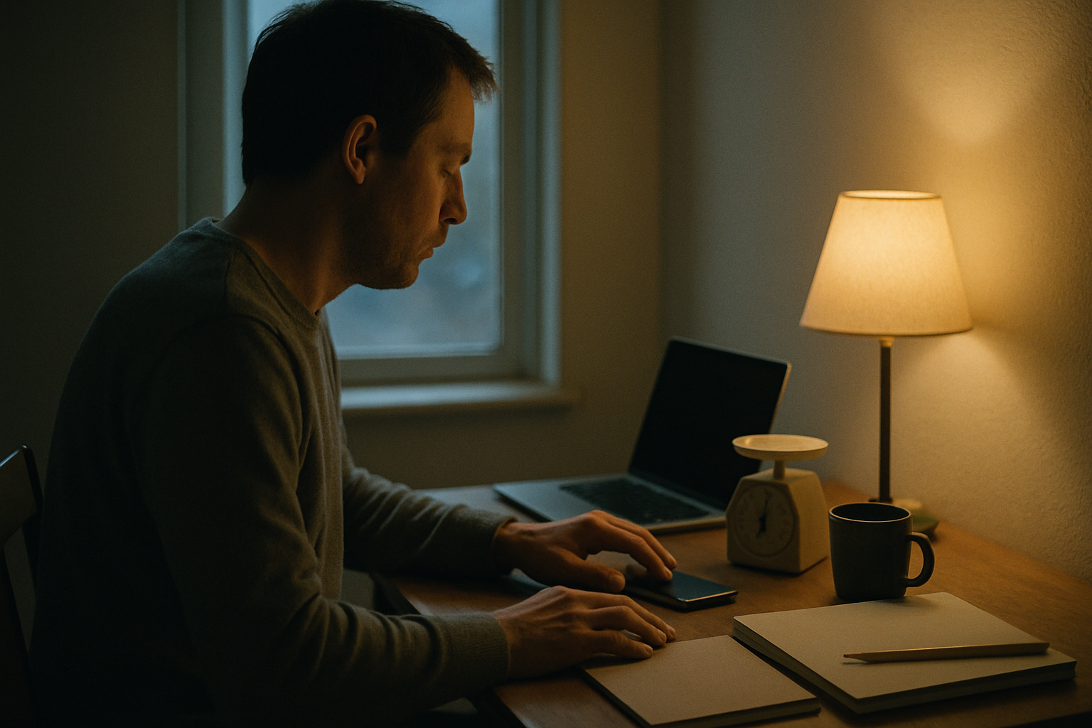 A person at a kitchen table at dawn pauses with a hand above a smartphone while the other rests on a closed folder beside a small scale and a cold mug.