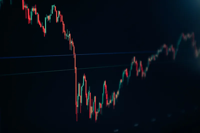 Candlestick stock chart showing a sharp drop followed by a recovery, illustrating trading risk management