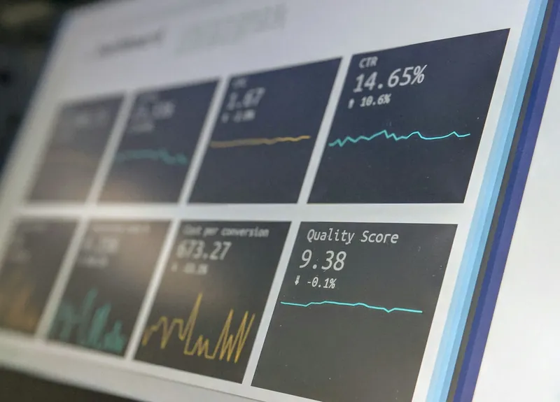 Analytics dashboard displaying sentiment and performance metrics with trend lines